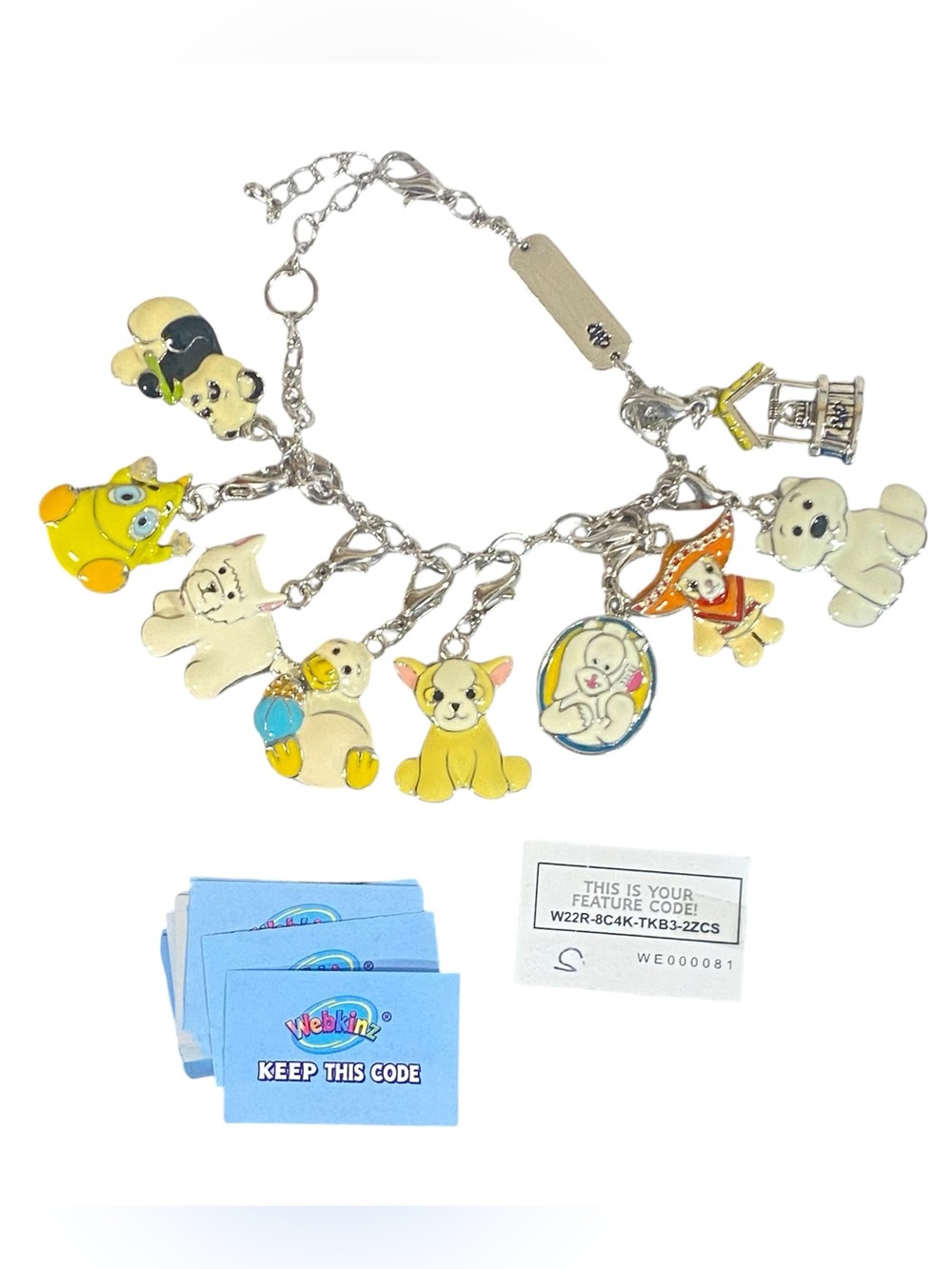 Webkinz Ganz Charm Bracelet 9 Enambled Charms Silver Plated w Paper Code Cards